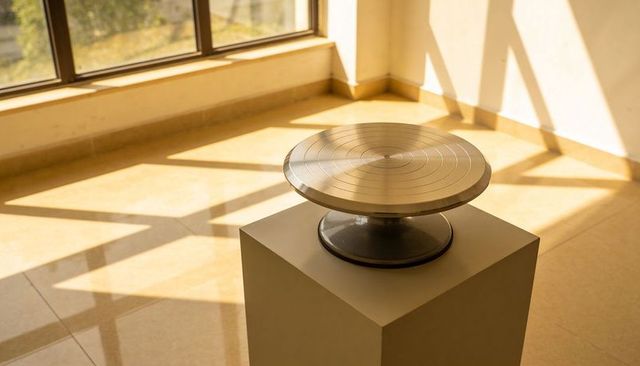 Sunlit metal turntable on plinth casting geometric window grid shadows in minimal interior