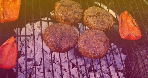 Sizzling Burgers and Red Peppers on Outdoor Grill - Download Free Stock Images Pikwizard.com