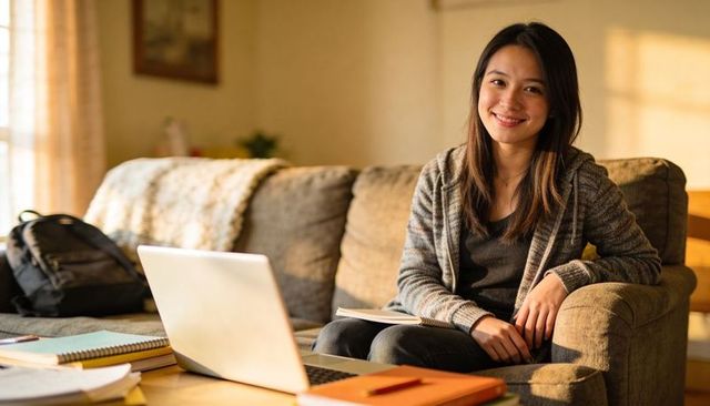 Young woman studying on sofa with laptop and notebooks in sunlit cozy living room