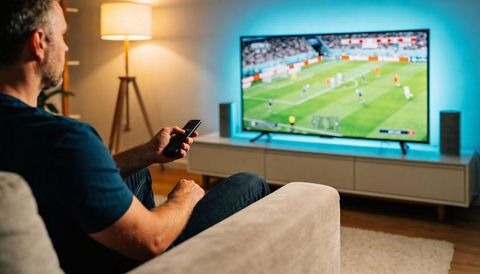 Man watching soccer on tv from sofa holding remote with ambient led backlight