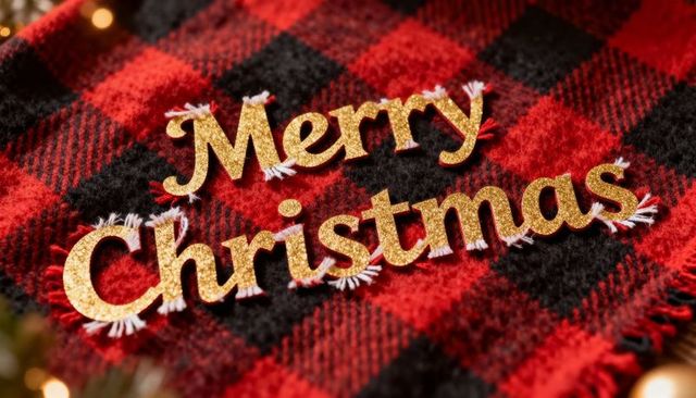 Displaying merry christmas glitter letters on buffalo plaid wool scarf with bokeh lights