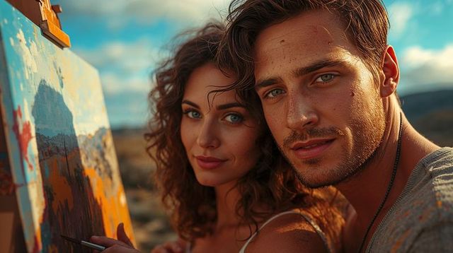 Couple painting together at golden hour outdoors romantic plein-air portrait close-up
