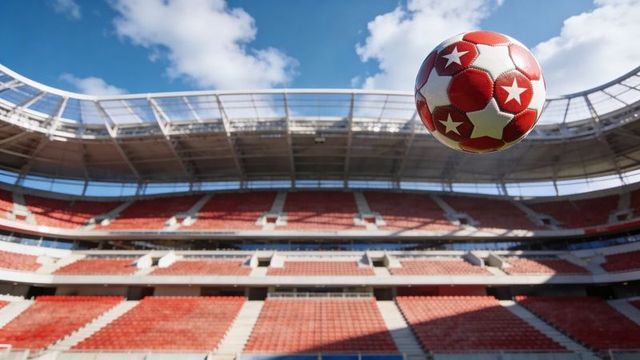 Soaring red-white star soccer ball over empty stadium under blue sky with dramatic light