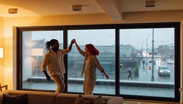 Couple dancing by rain-speckled window in cozy urban apartment, romantic evening twirl