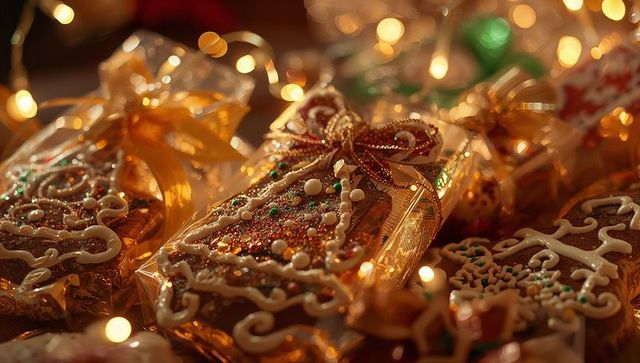 Festive gingerbread cookies wrapped with gold ribbons