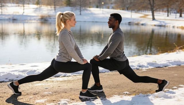 Couple performing mirrored forward lunges on snowy lakeside path during winter training