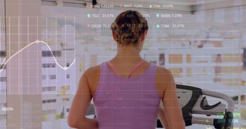 Financial Data Overlays with Woman on Treadmill Symbolizing Smart Fitness