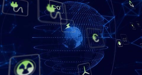 Rotating holographic globe emitting dotted data rings with green energy icons and network