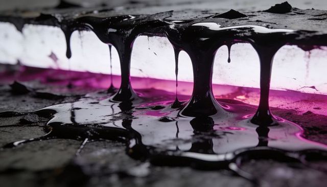 Dripping Black Resin With Magenta Backlight, Glossy Viscous Liquid Macro Abstract Texture