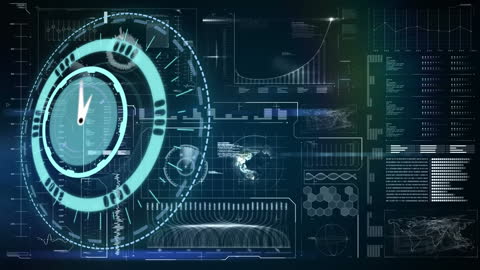 Futuristic Clock Interface with Data Overlay and Neon Graphics