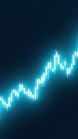 Displaying cyan candlestick chart rising on navy dashboard indicating bullish market rally