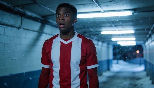 Soccer player gasping in snowy underpass under fluorescent lights, cold night emotion