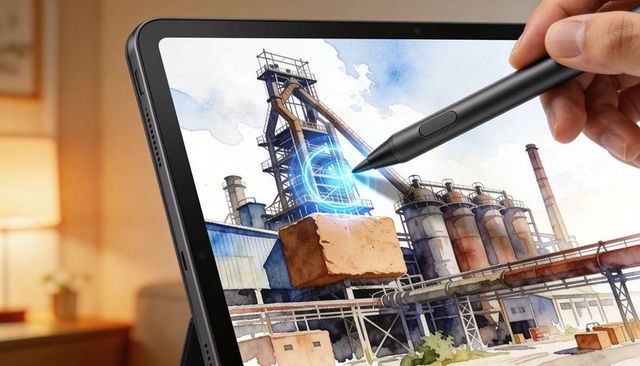 Hand using stylus on tablet editing industrial plant watercolor painting in cozy workspace