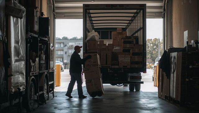 Warehouse worker loading delivery truck at dock with hand truck, backlit silhouette