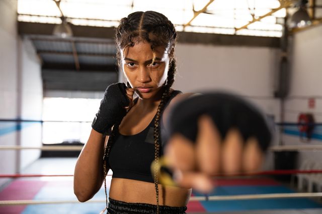 This image captures a determined female boxer practicing in a boxing gym, wearing sports clothes and boxing gloves. Ideal for use in articles or advertisements related to fitness, sports training, women's empowerment, athletic achievements, and health and wellness campaigns.