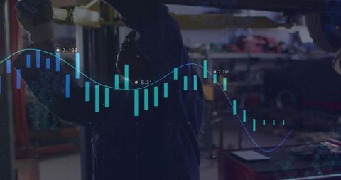 Automotive mechanic repair with digital stock market overlay in garage