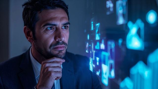 Executive analyzing holographic data interface and ai analytics display in dim corporate space