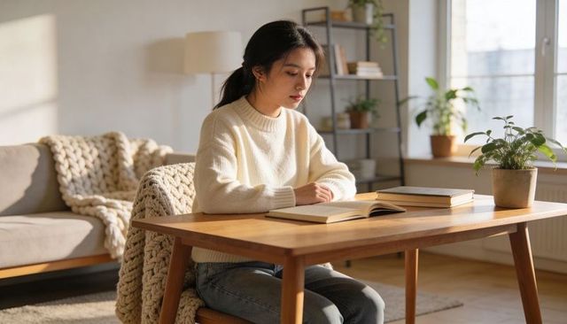 Young woman reading at wooden table in sunlit living room with knit blanket and plants