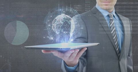 Businessman Holding Tablet with Futuristic Global Network Illustration - Download Free Stock Images Pikwizard.com