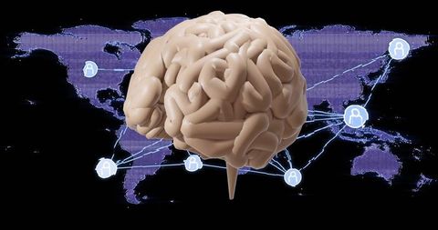 Floating 3D human brain hovering over digital world map with global neural network links