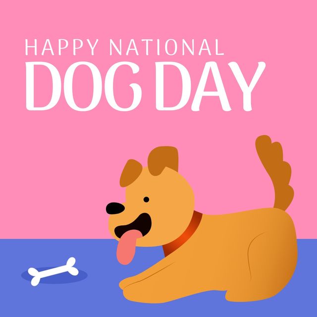Adorable illustration of playful puppy with dog bone celebrating National Dog Day on vibrant pink and blue background. Perfect for social media posts, greeting cards, pet-related promotions, event invitations and child-friendly materials.