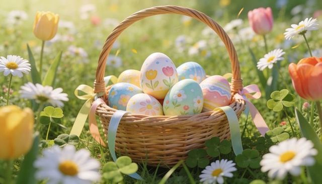Pastel hand-painted easter eggs nestling in wicker basket on sunny spring meadow