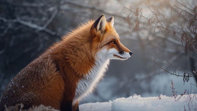 Red fox surveying frosty forest: winter wilderness scene