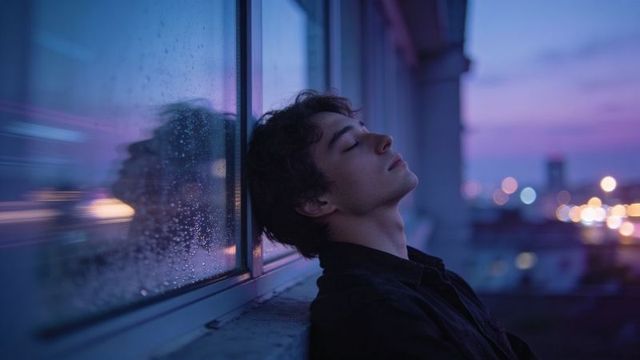 Young man leaning on rainy window at twilight with city bokeh and pensive reflection