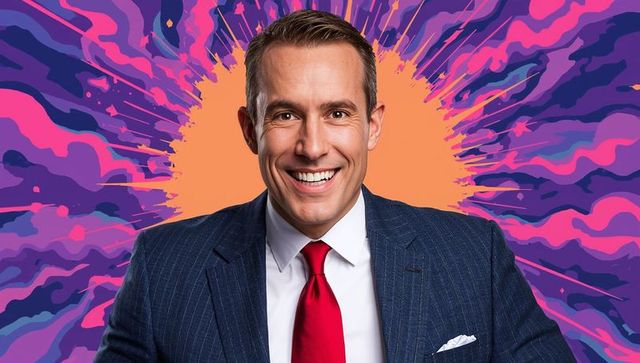 Confident executive in suit with bold radial background