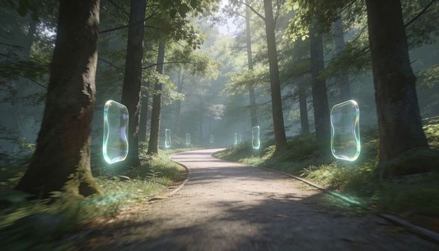 Iridescent floating pods hovering along misty forest path at sunrise