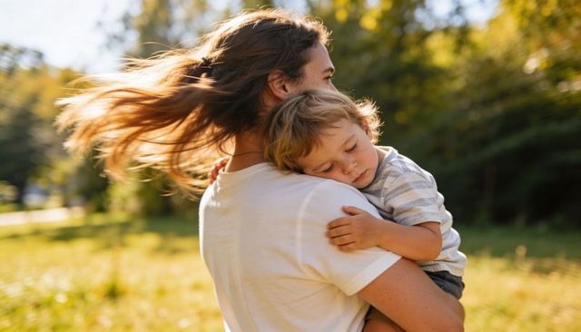 Parent holding sleeping toddler in sunlit meadow during golden hour, gentle breeze