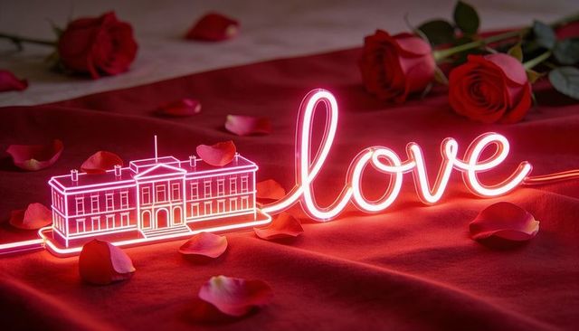 Pink neon love script with classic facade outline on satin and scattered rose petals