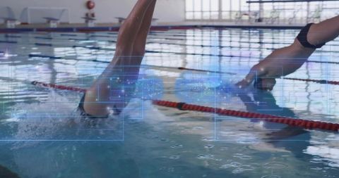 Competitive swimmers powering through lane with powerful splash and digital performance overlay