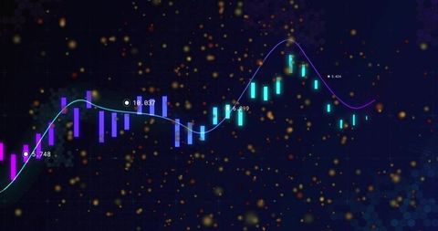 Neon candlestick market chart showing rising trendline and dynamic data points