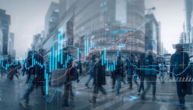 Urban Crowd Crossing with Digital Financial Chart Overlay
