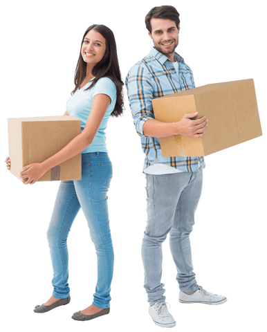 Smiling couple holding cardboard boxes on transparent background