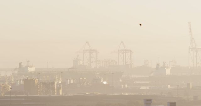 Foggy Urban Industrial Harbor with Cranes and Warehouses - Download Free Stock Images Pikwizard.com