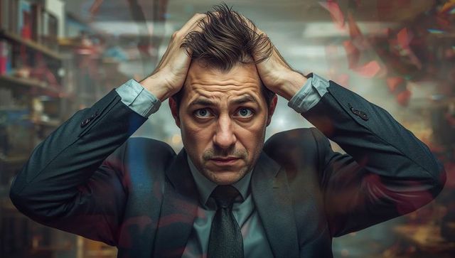 Stressed businessman surrounded by chaos in office archive