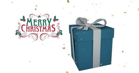 Festive blue christmas gift box with merry christmas text