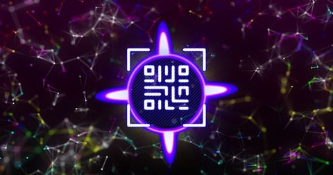 Glowing QR Code Amidst Digital Constellations on Dark Background