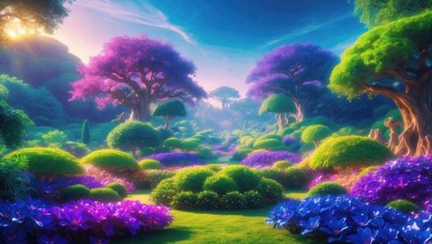Vivid valley garden under golden sunlight, garden of eden concept