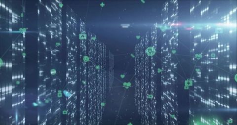 Futuristic data center with digital network interface icons