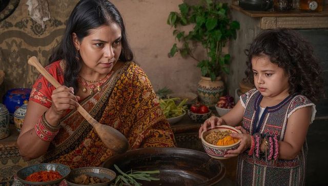 Mother and daughter stirring spices adding turmeric wearing patterned sari in home kitchen