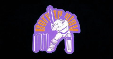 Born to play cricket graphic badge with batsman and stumps in neon purple and orange