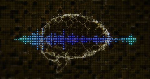 Digital Brain with Pulsating Sound Wave on Futuristic Grid