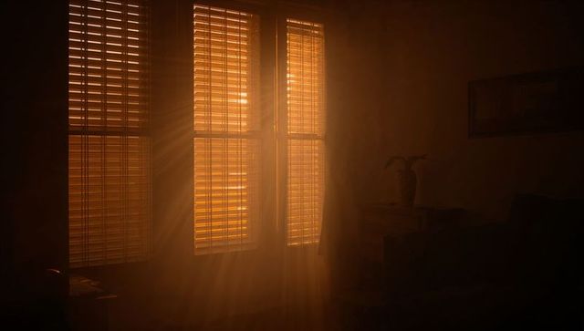 Golden sunbeams streaming through wooden blinds casting dusty rays across living room