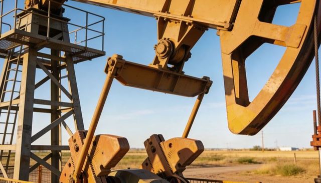 Yellow pumpjack casting long shadows over rural oilfield at golden hour, industrial close-up