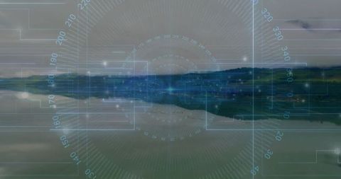 Futuristic Interface Overlaying Serene Lakeshore