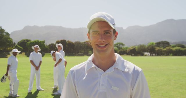 Smiling Cricket Player On Field With Team - Download Free Stock Images Pikwizard.com