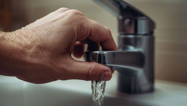 Hand adjusting faucet lever with running water on bathroom sink